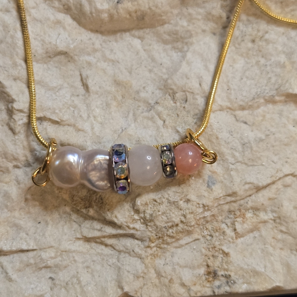 Baroque Pearl Vibe Bar Necklace | Rose Quartz & Pink Jade | 18Kgp Chain - Picture 6 of 7